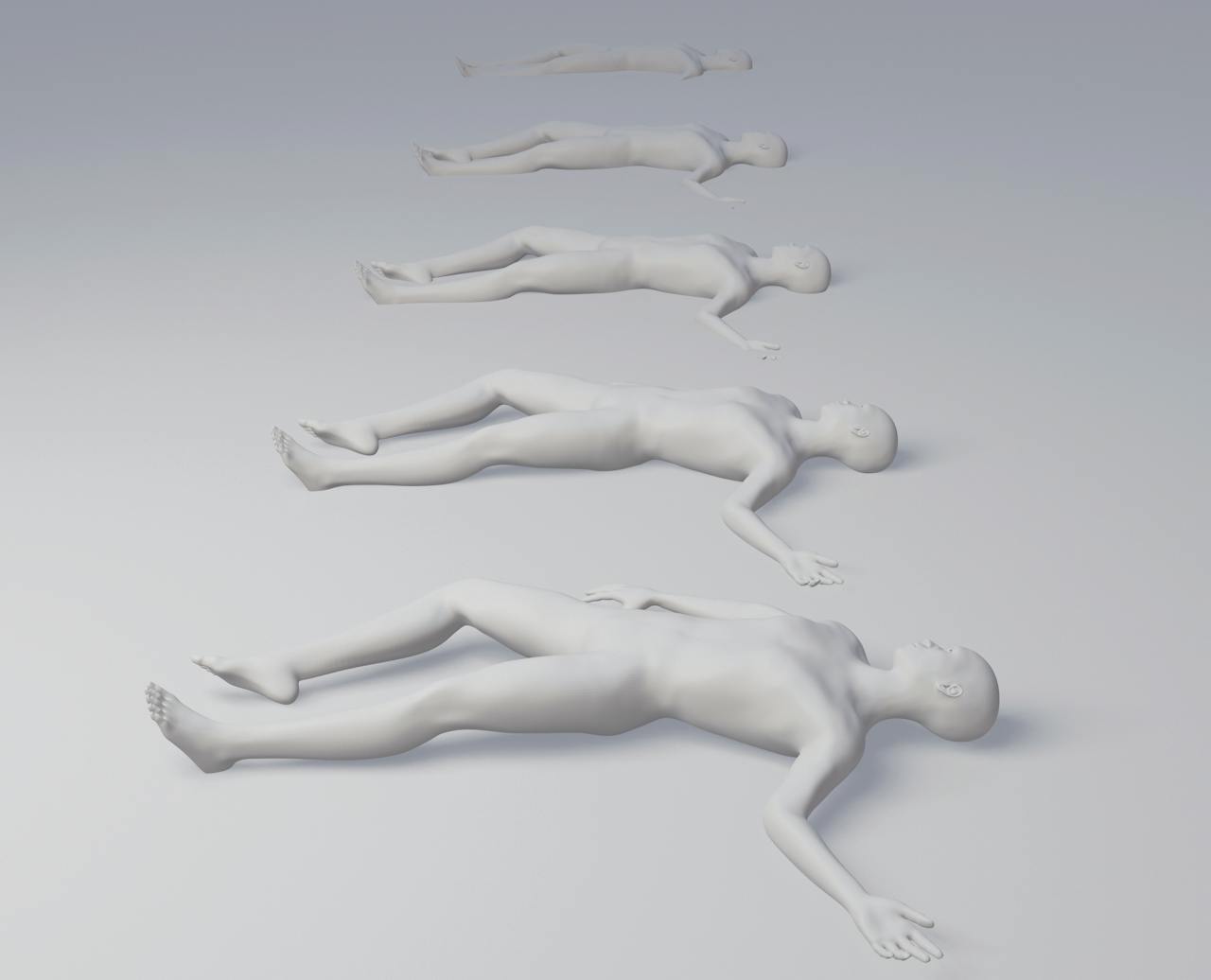 Abstract digital artwork featuring a series of white figures lying down, offering a minimalist and surreal aesthetic.